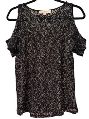 LOFT Black Floral Lace Cold-Shoulder Top